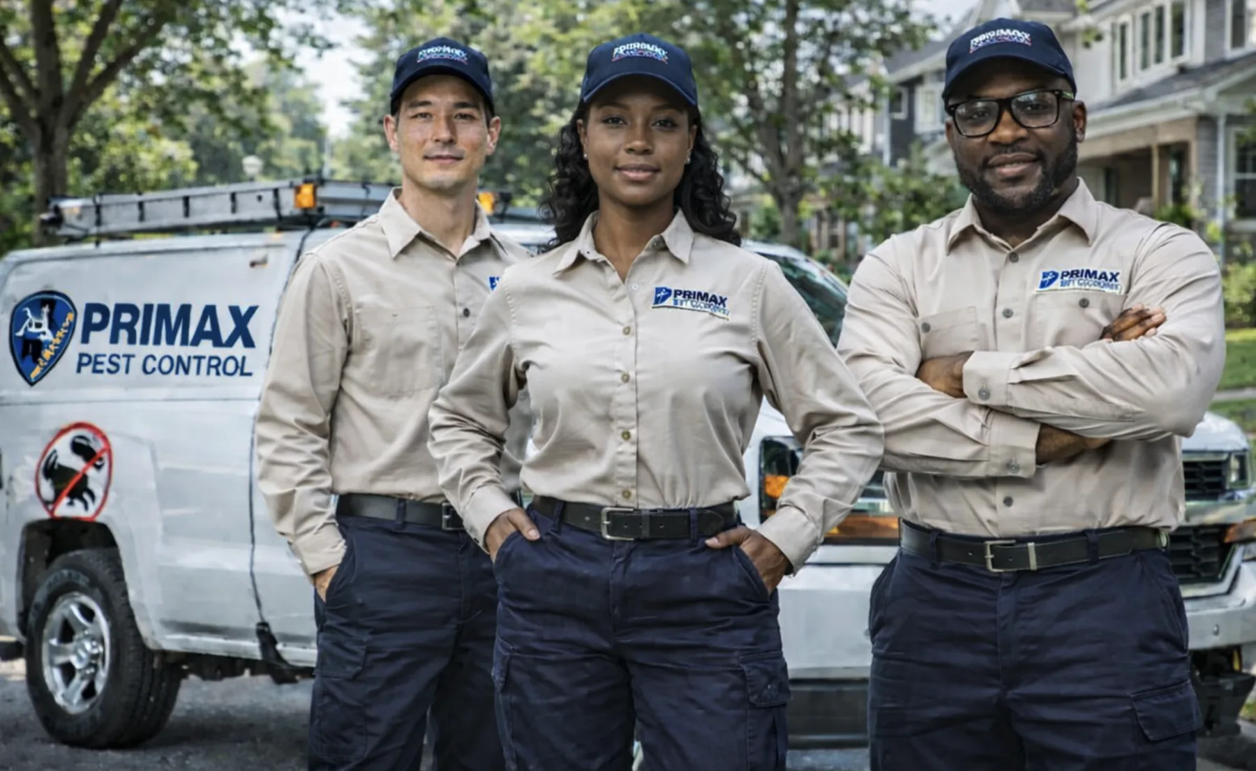 Three Primax Pest Control team members in uniform standing beside a branded service vehicle